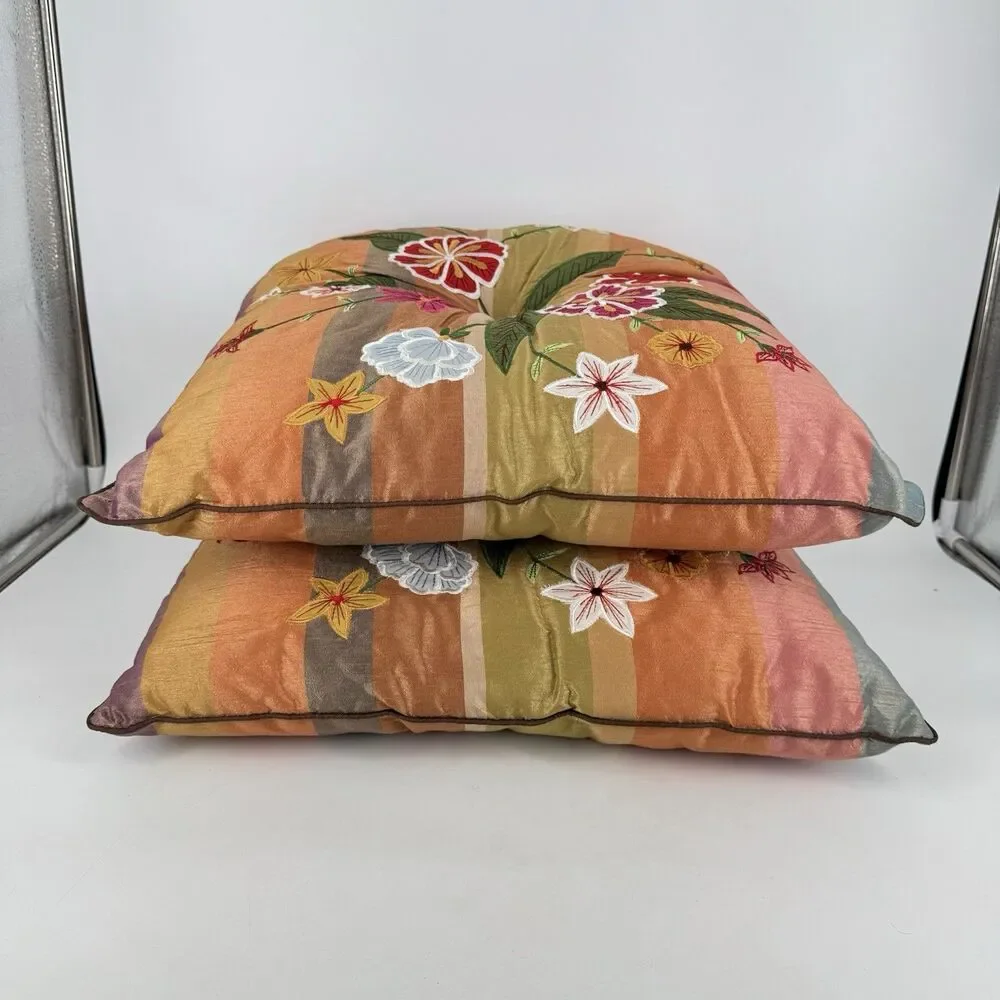 Pier 1 Imports Set of 2 Chair Cushions Floral Embroidered Tufted 17x17 Ties - Picture 8 of 9